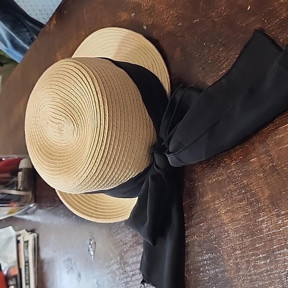 Tan and black ribbon hat